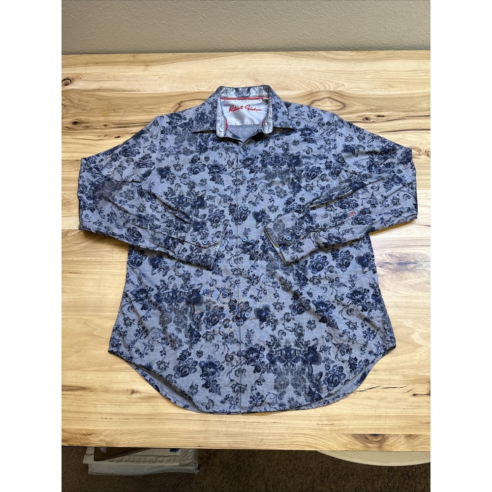 Robert Graham Medium Dragon Floral Paisley Roll Tab Shirt Gray Blue Cotton Boho